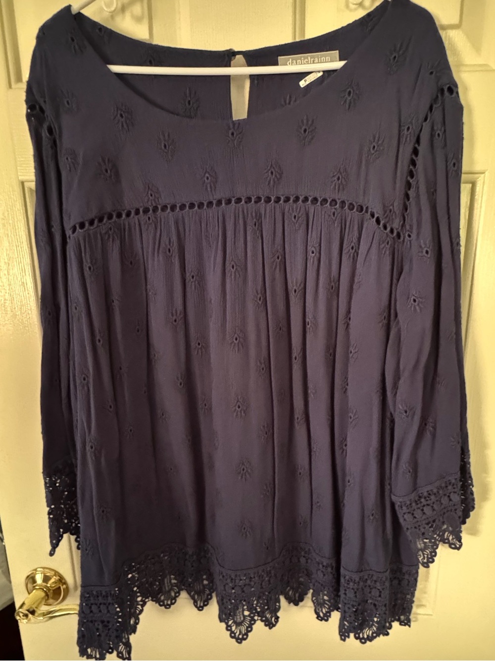 Daniel Rainn Dark Navy Eyelet Crochet-Trim Peasant Tunic